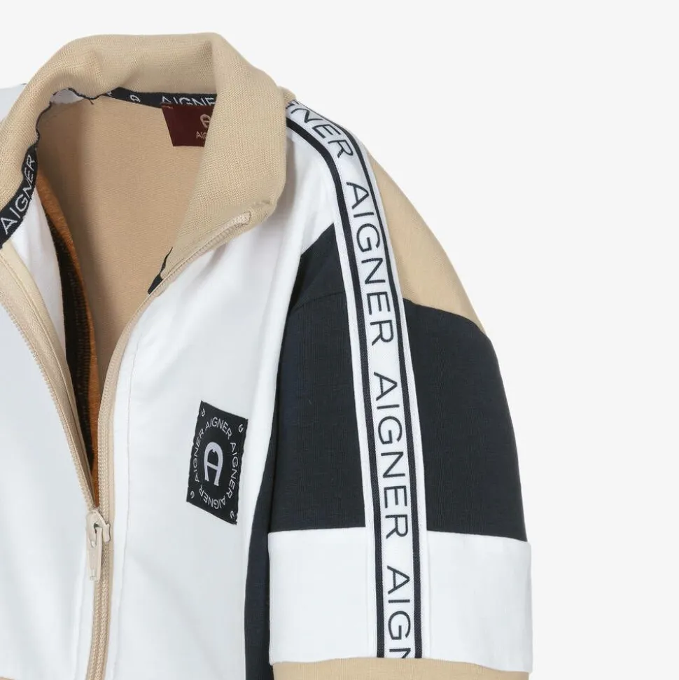 Boys Beige Cotton Zip-Up Top