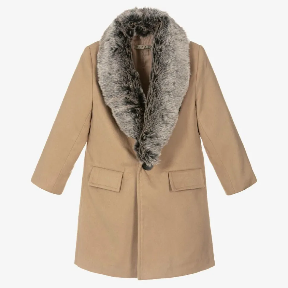 Boys Beige Faux Fur Trim Coat