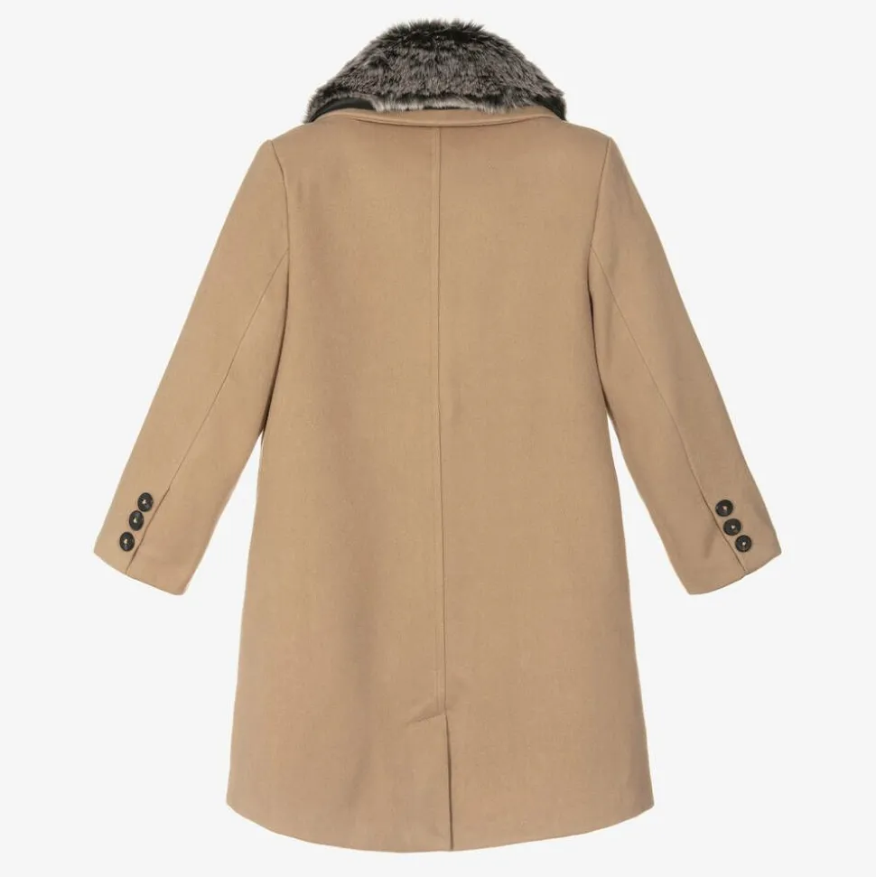Boys Beige Faux Fur Trim Coat