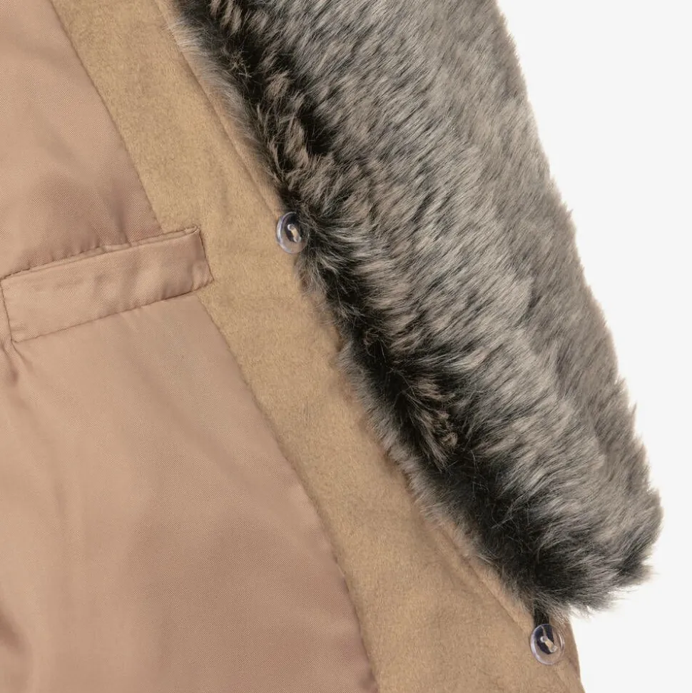 Boys Beige Faux Fur Trim Coat