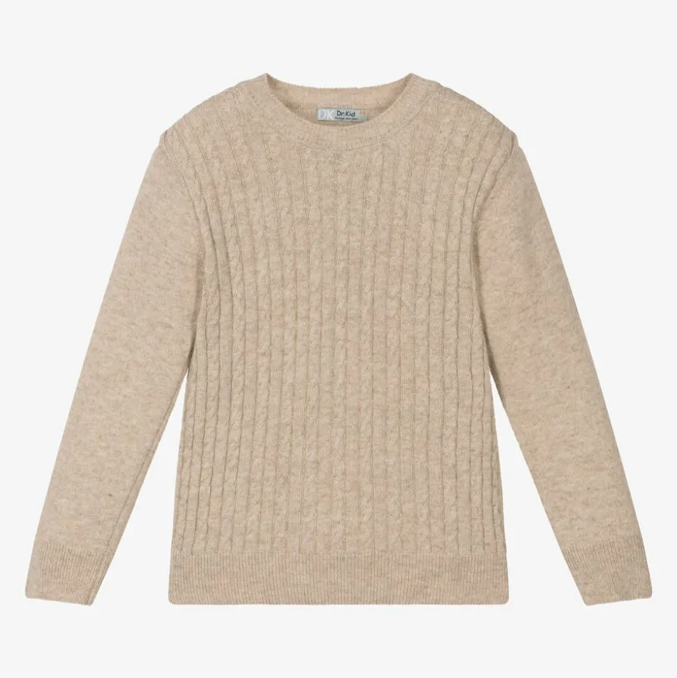 Boys Beige Knitted Cotton & Wool Sweater