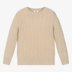 Boys Beige Wool Cable Knit Sweater