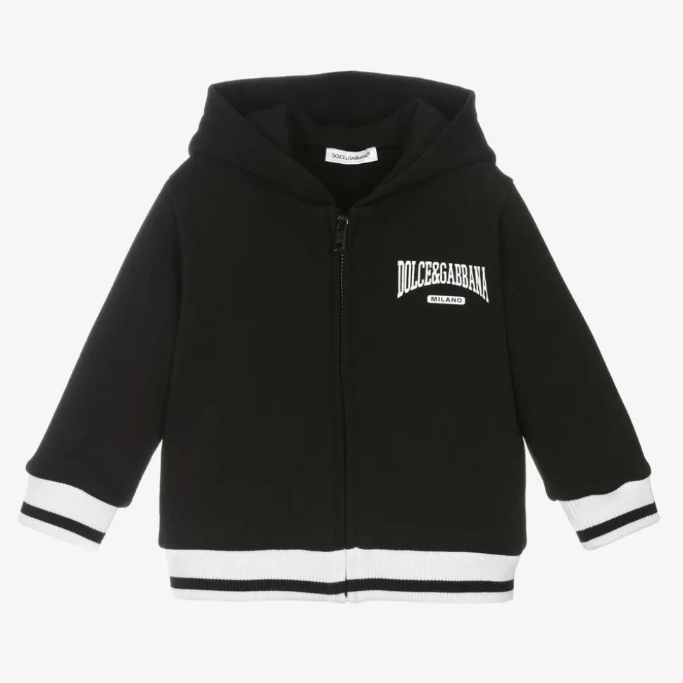 Boys Black Cotton Zip-Up Hoodie