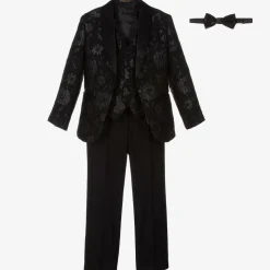 Boys Black Floral Jacquard Suit