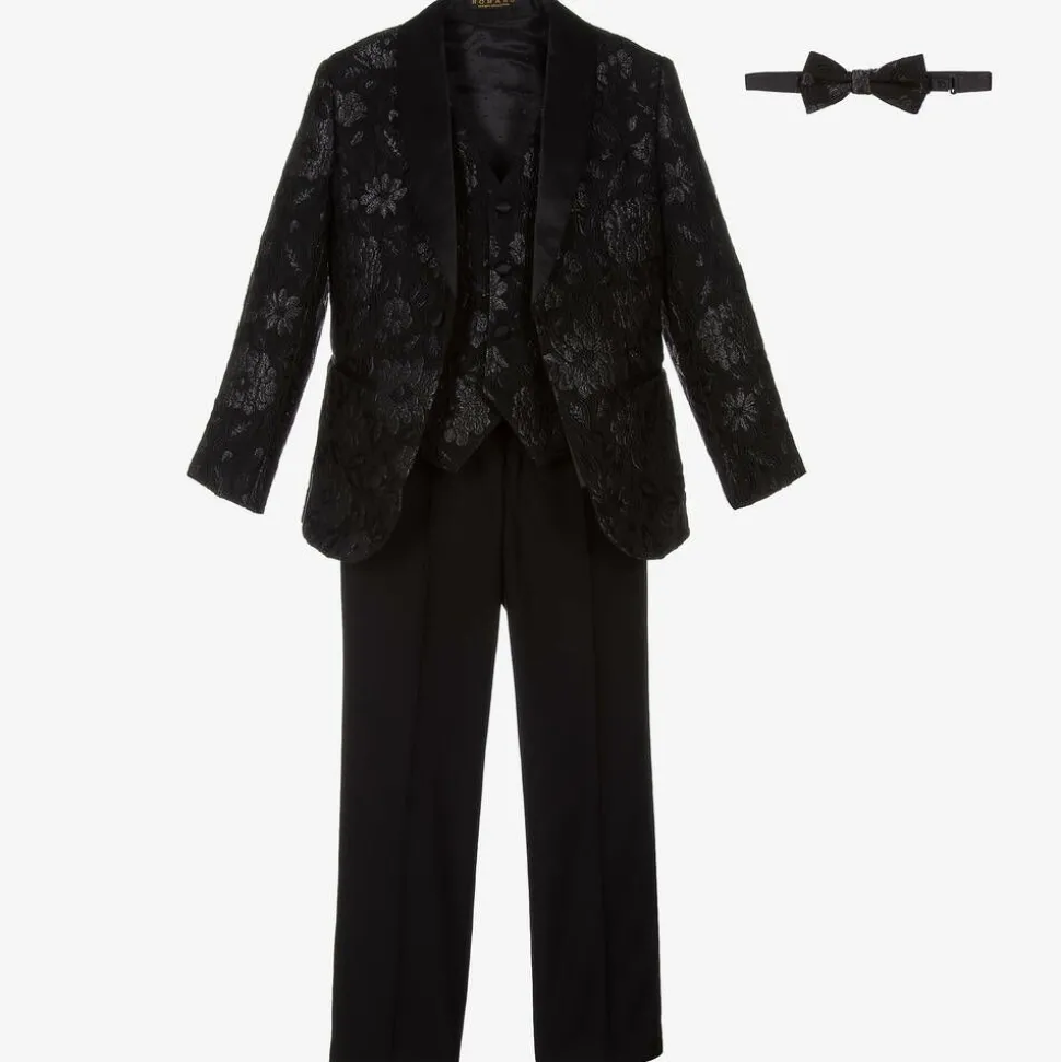Boys Black Floral Jacquard Suit