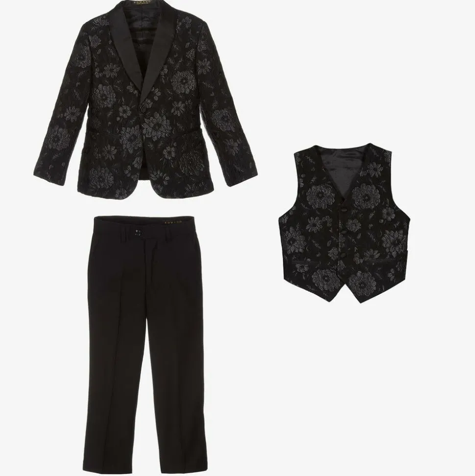Boys Black Floral Jacquard Suit