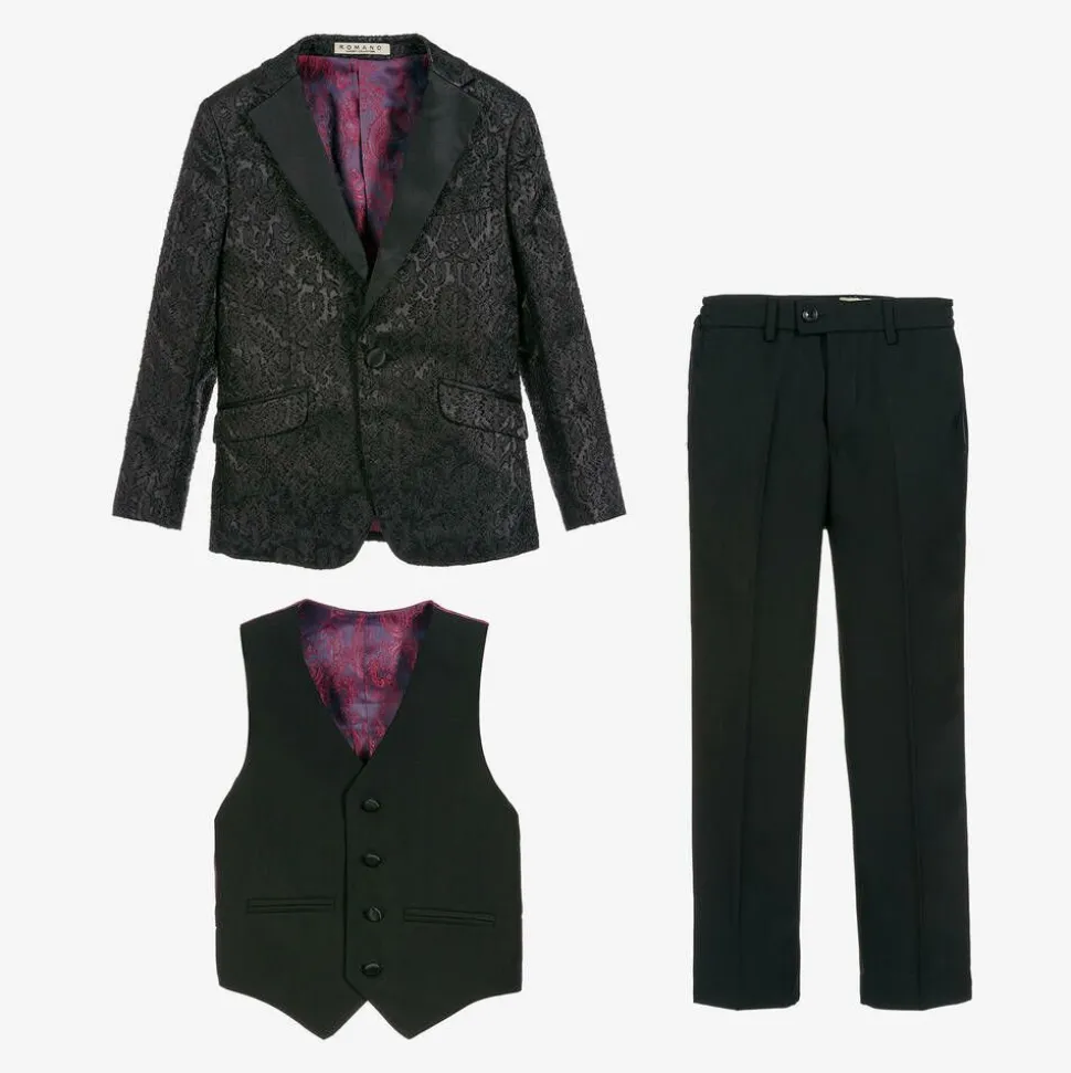 Boys Black Jacquard Suit