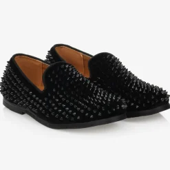 Boys Black Velvet Studded Loafers
