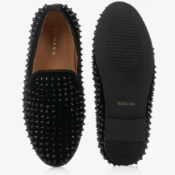 Boys Black Velvet Studded Loafers