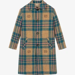 Boys Blue & Beige GG Check Wool Coat