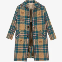 Boys Blue & Beige GG Check Wool Coat