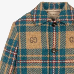 Boys Blue & Beige GG Check Wool Coat