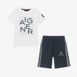 Boys Blue & White Cotton Shorts Set