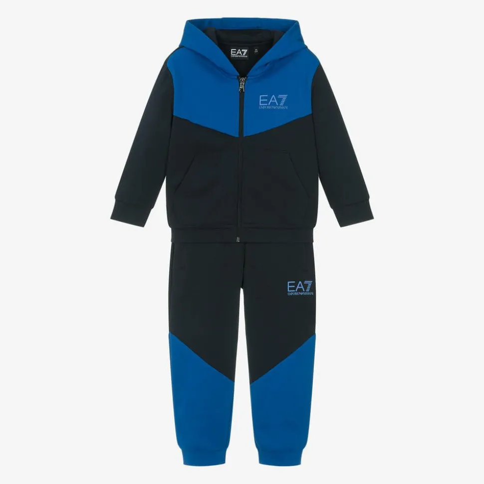 Boys Blue Cotton Colourblock Tracksuit