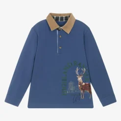 Boys Blue Cotton Deer Print Polo Shirt