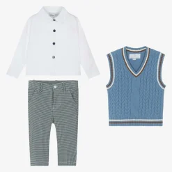 Boys Blue Cotton Dogtooth Trouser Set