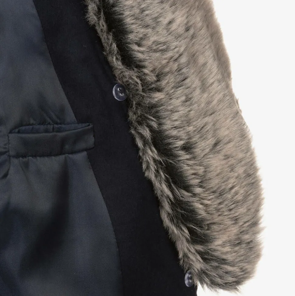 Boys Blue Faux Fur Trim Coat