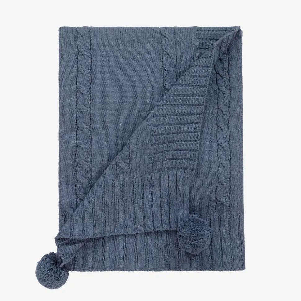 Boys Blue Knitted Pom-Pom Blanket (92cm)