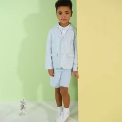 Boys Blue Stripe Cotton & Linen Shorts Suit