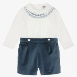 Boys Blue Velvet Hand-Smocked Buster Suit