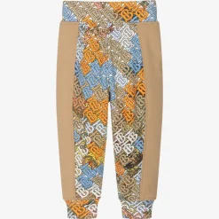 Boys Dark Beige Cotton Logo Joggers