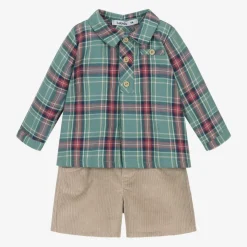 Boys Green & Beige Corduroy Shorts Set