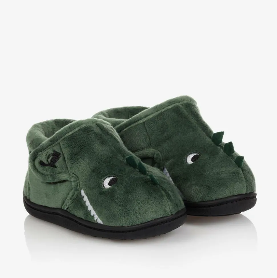 Boys Green Dinosaur Velcro Slippers