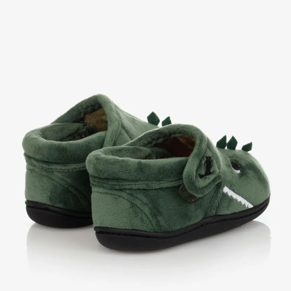 Boys Green Dinosaur Velcro Slippers