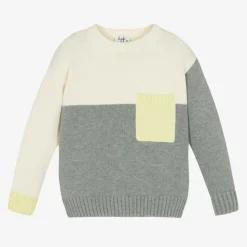 Boys Ivory & Grey Cotton Knit Sweater