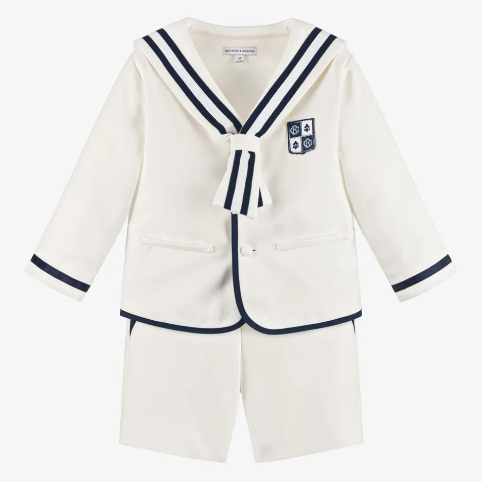 Boys Ivory Herringbone Sailor Shorts Suit