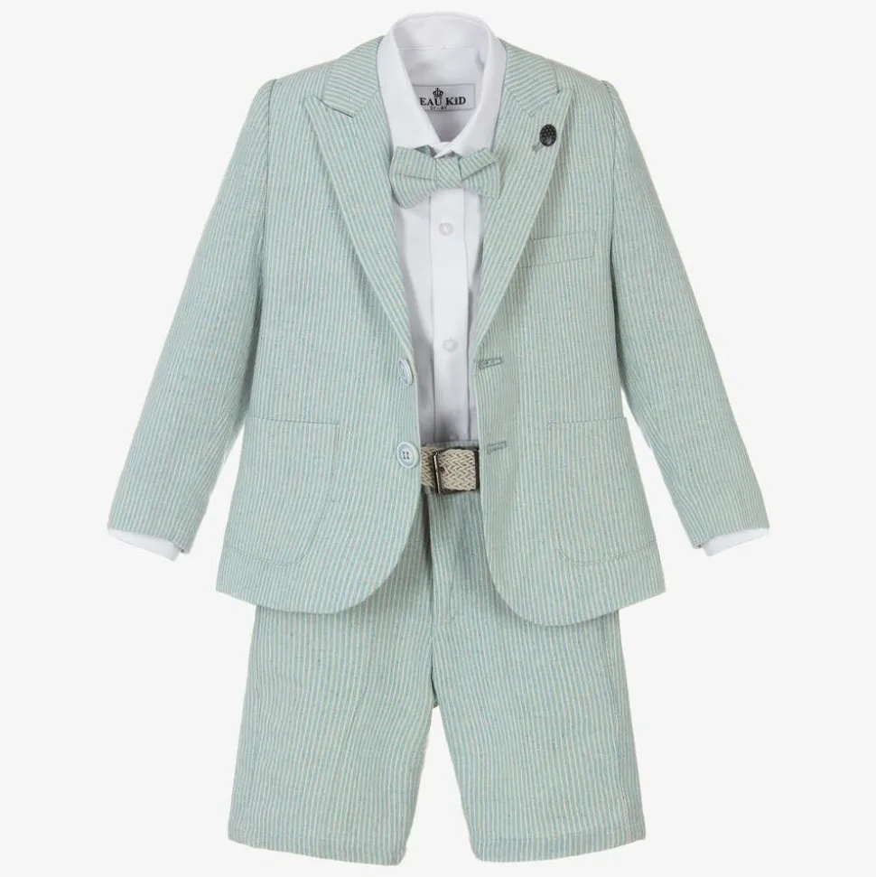 Boys Mint Blue Cotton Stripe Shorts Suit