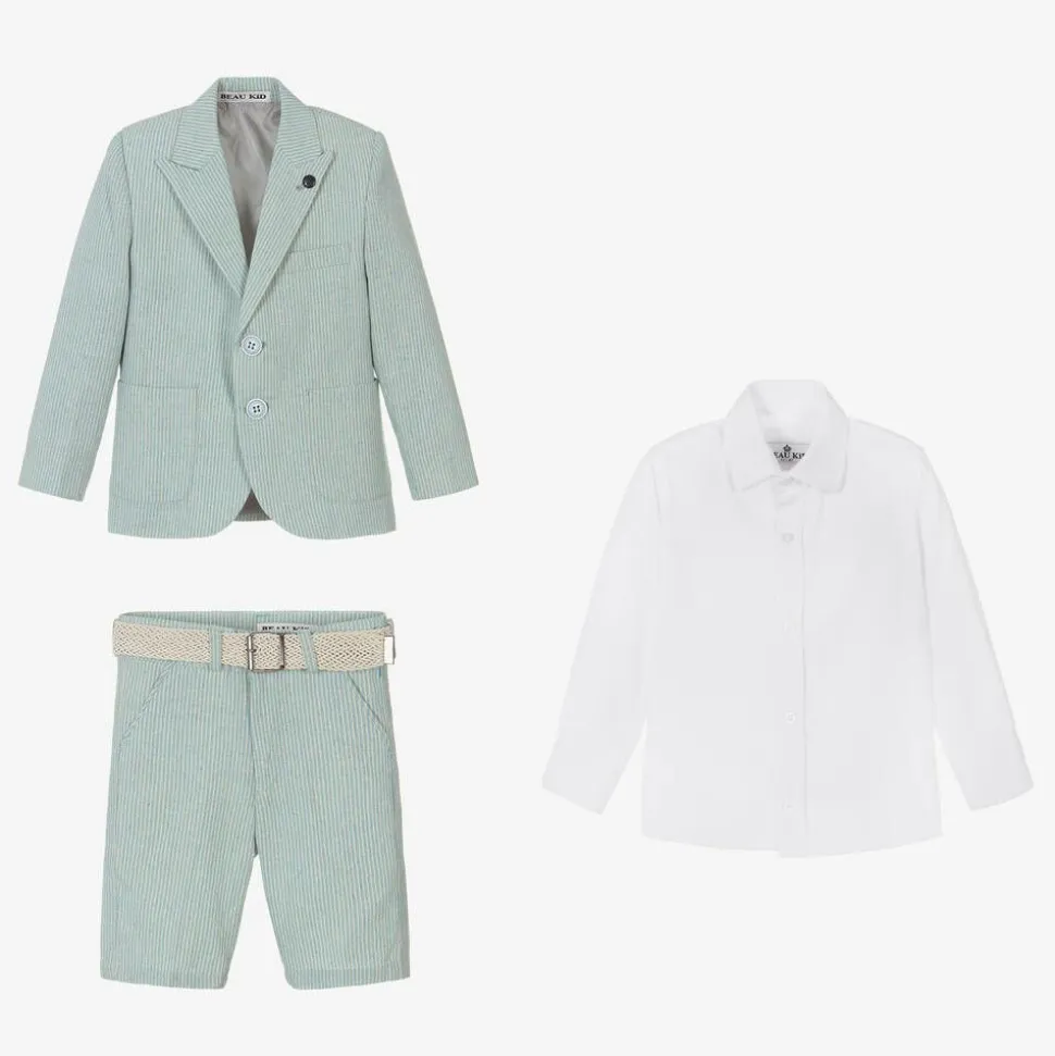 Boys Mint Blue Cotton Stripe Shorts Suit