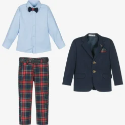 Boys Navy Blue & Red Tartan Suit