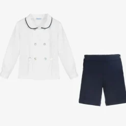 Boys Navy Blue & White Cotton Buster Suit