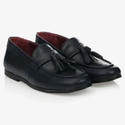 Boys Navy Blue Faux Leather Loafers