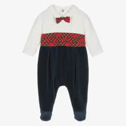 Boys Navy Blue Velour Tartan Babygrow