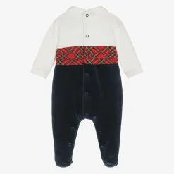 Boys Navy Blue Velour Tartan Babygrow