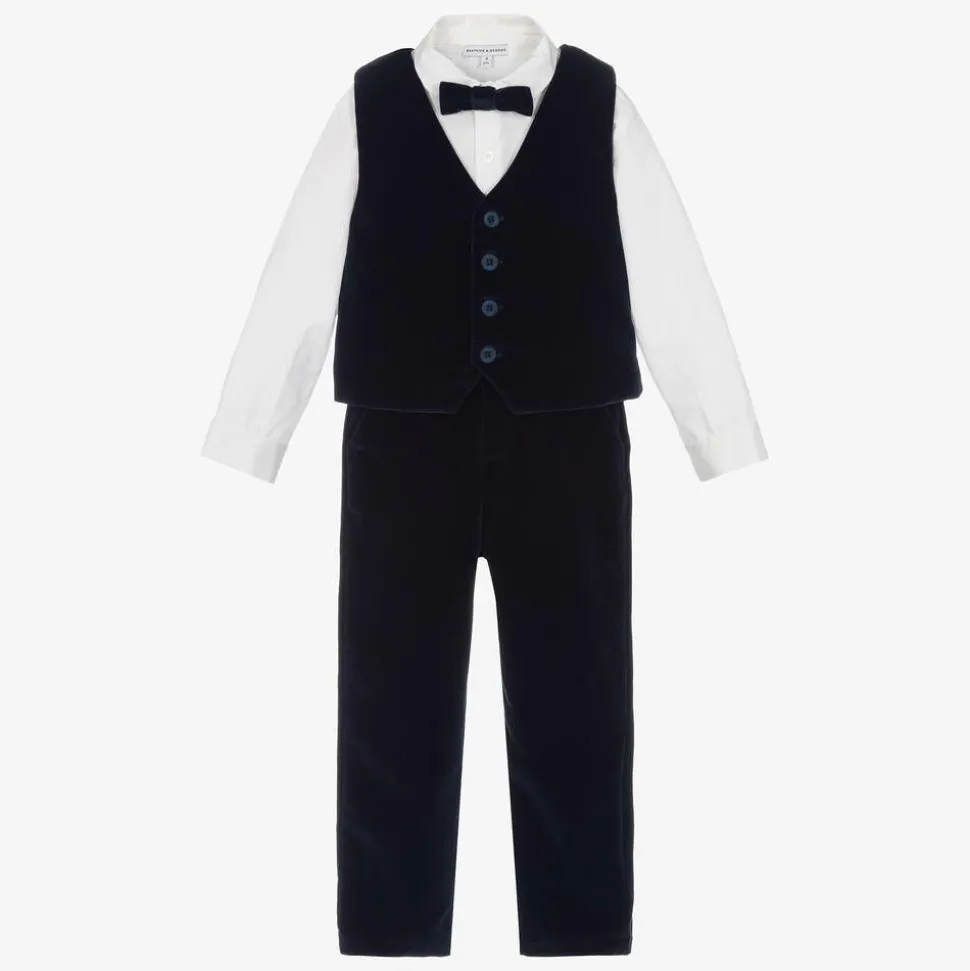 Boys Navy Blue Velvet Waistcoat Suit