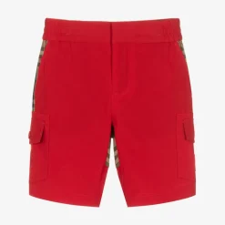 Boys Red & Beige Check Cargo Shorts