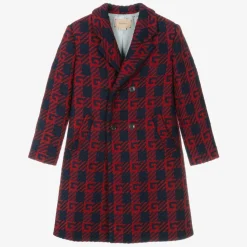 Boys Red & Blue Wool Logo Coat