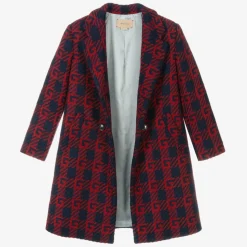 Boys Red & Blue Wool Logo Coat