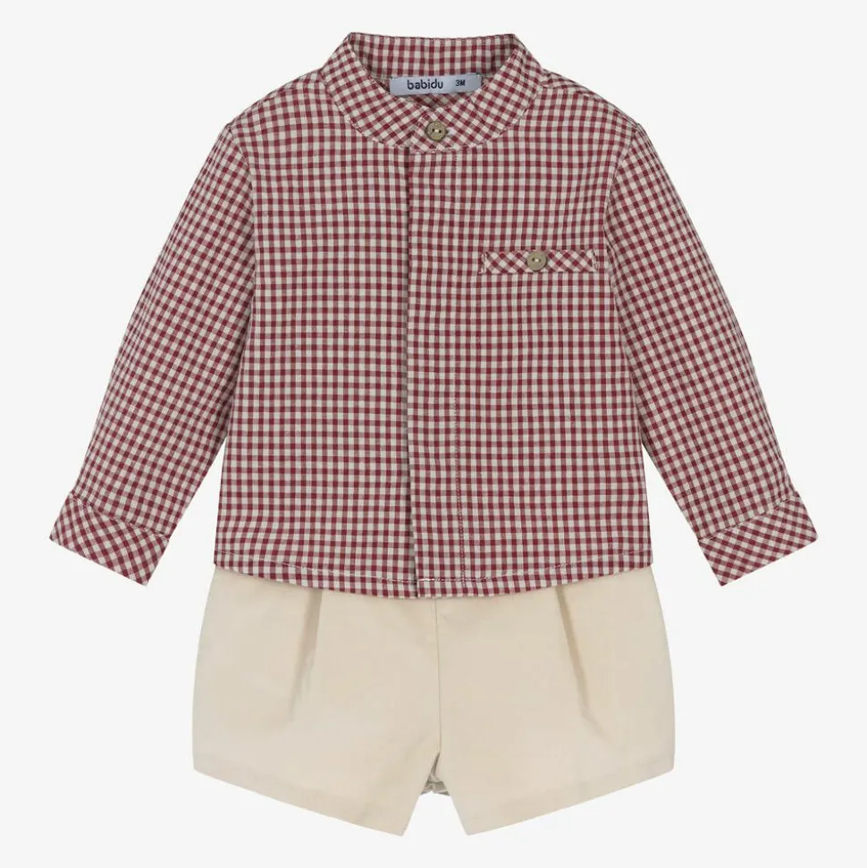 Boys Red Gingham & Beige Cotton Shorts Set
