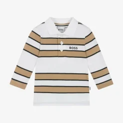 Boys White & Beige Striped Cotton Polo Shirt