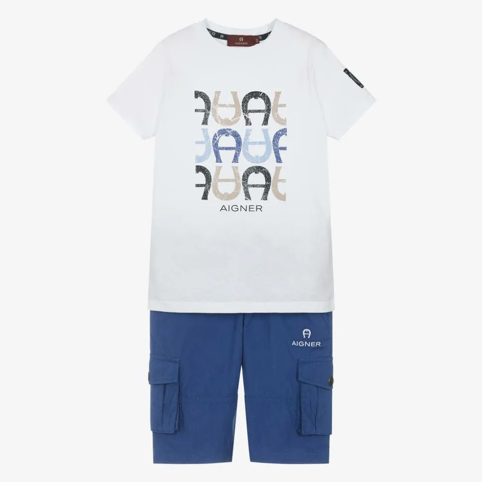 Boys White & Blue Cotton Shorts Set