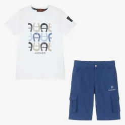 Boys White & Blue Cotton Shorts Set