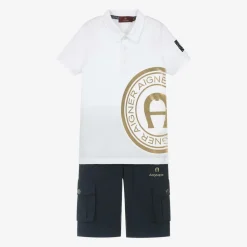 Boys White & Blue Cotton Shorts Set
