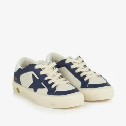 Boys White & Blue Leather May Trainers