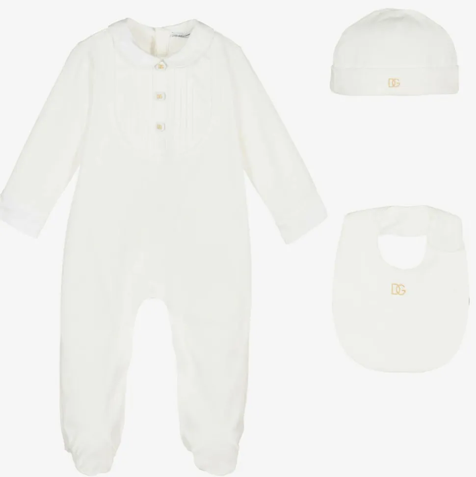 Boys White & Gold Cotton Babysuit Gift Set