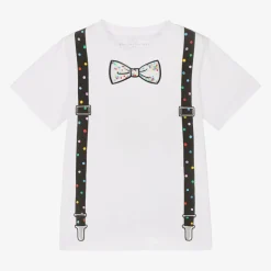 Boys White Braces Print Cotton T-Shirt