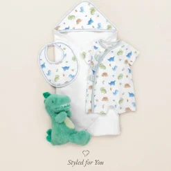 Boys White Dino Domain Hooded Towel & Mitt Set